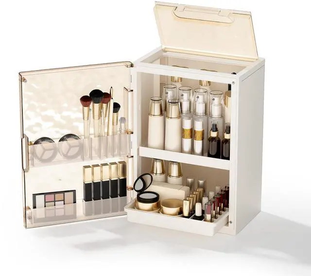 Main image of Makeup Organizer with Drawers and Lid, Large Skincare Organizer for Vanity, Dustproof Cosmetic Organizer and Makeup Storage Box with Brush Holder for Dresser, Bathroom Countertop