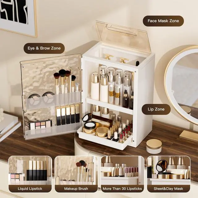 Alt view image 2 of 7 - Makeup Organizer with Drawers and Lid, Large Skincare Organizer for Vanity, Dustproof Cosmetic Organizer and Makeup Storage Box with Brush Holder for Dresser, Bathroom Countertop