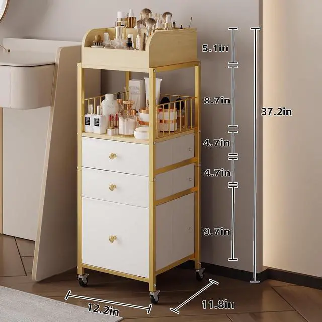 Alt view image 2 of 7 - Makeup Organizer Cart with Drawers, Floor Skincare Organizers Make Up Organizers-Vanity Organizer Cosmetic Display Cases Holder for Skin Care Perfume Nail Polish Brush Hair ToolGold