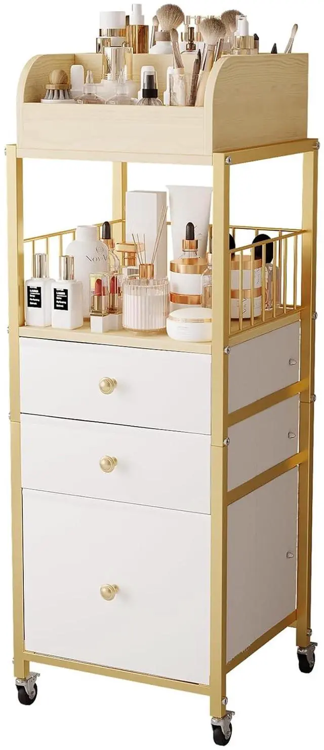 Main image of Makeup Organizer Cart with Drawers, Floor Skincare Organizers Make Up Organizers-Vanity Organizer Cosmetic Display Cases Holder for Skin Care Perfume Nail Polish Brush Hair ToolGold
