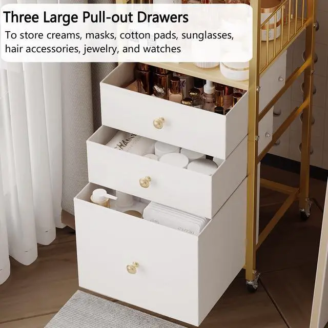 Alt view image 4 of 7 - Makeup Organizer Cart with Drawers, Floor Skincare Organizers Make Up Organizers-Vanity Organizer Cosmetic Display Cases Holder for Skin Care Perfume Nail Polish Brush Hair ToolGold