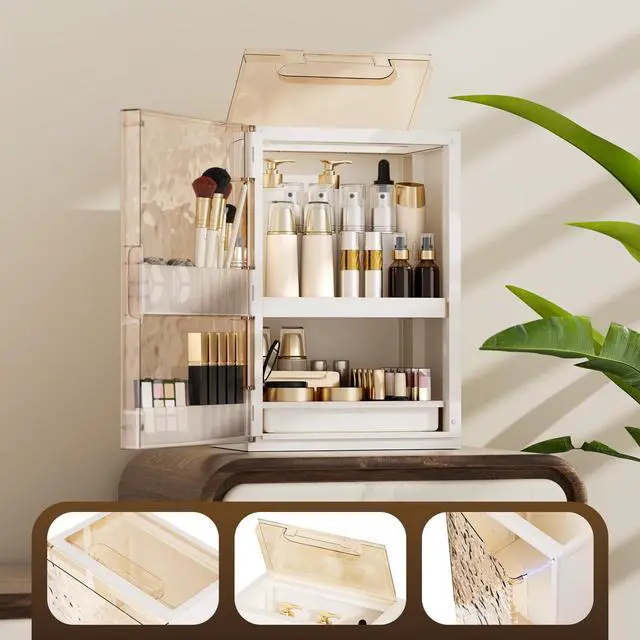 Alt view image 3 of 7 - Makeup Organizer with Drawers and Lid, Large Skincare Organizer for Vanity, Dustproof Cosmetic Organizer and Makeup Storage Box with Brush Holder for Dresser, Bathroom Countertop