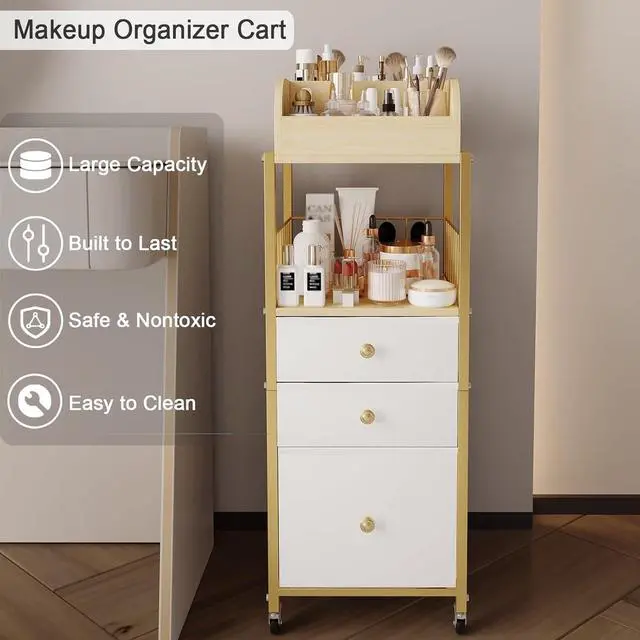 Alt view image 5 of 7 - Makeup Organizer Cart with Drawers, Floor Skincare Organizers Make Up Organizers-Vanity Organizer Cosmetic Display Cases Holder for Skin Care Perfume Nail Polish Brush Hair ToolGold