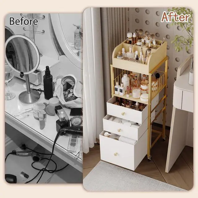 Alt view image 6 of 7 - Makeup Organizer Cart with Drawers, Floor Skincare Organizers Make Up Organizers-Vanity Organizer Cosmetic Display Cases Holder for Skin Care Perfume Nail Polish Brush Hair ToolGold