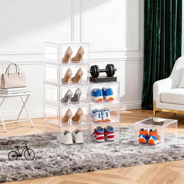 Alt view image 3 of 7 - 8 Pack US 15 XXL Clear Shoe Storage Boxes Stackable, Shoe Organizer Clear Plastic Shoe Boxes, Shoe Case