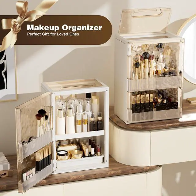Alt view image 7 of 7 - Makeup Organizer with Drawers and Lid, Large Skincare Organizer for Vanity, Dustproof Cosmetic Organizer and Makeup Storage Box with Brush Holder for Dresser, Bathroom Countertop