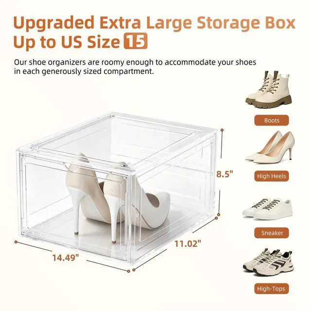 Alt view image 4 of 7 - 8 Pack US 15 XXL Clear Shoe Storage Boxes Stackable, Shoe Organizer Clear Plastic Shoe Boxes, Shoe Case