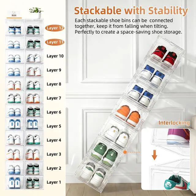 Alt view image 6 of 7 - 8 Pack US 15 XXL Clear Shoe Storage Boxes Stackable, Shoe Organizer Clear Plastic Shoe Boxes, Shoe Case