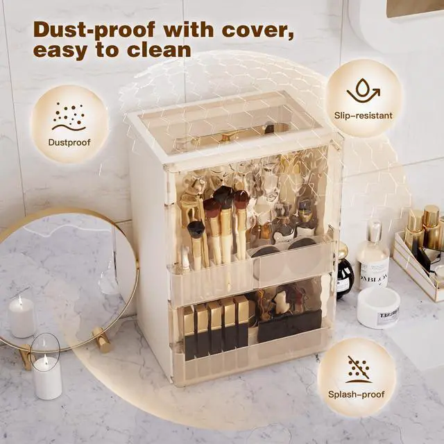 Alt view image 6 of 7 - Makeup Organizer with Drawers and Lid, Large Skincare Organizer for Vanity, Dustproof Cosmetic Organizer and Makeup Storage Box with Brush Holder for Dresser, Bathroom Countertop