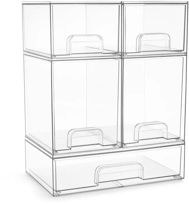 Main image of Acrylic Storage Containers - 5 Pack, Stackable Storage Bins Set for Bathroom Organization - Clear Acrylic Drawer Organizers - Makeup Case Pull-Out Drawers (7.6 and 4.4 Tall and 12.1 Wide)