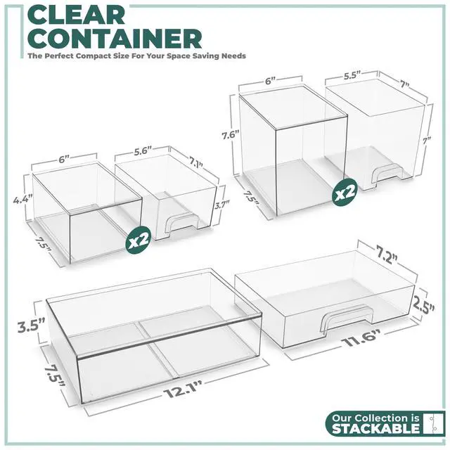 Alt view image 2 of 7 - Acrylic Storage Containers - 5 Pack, Stackable Storage Bins Set for Bathroom Organization - Clear Acrylic Drawer Organizers - Makeup Case Pull-Out Drawers (7.6 and 4.4 Tall and 12.1 Wide)