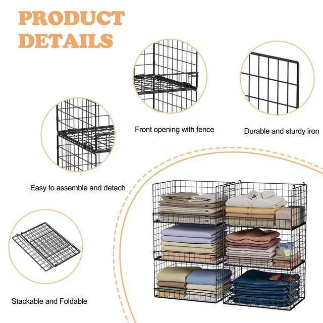 Alt view image 4 of 7 - 6-Tier Stackable Closet Organizers and Storage Shelves, Closet Shelf Organizer Basket Bins, Foldable Sweater Storage for Clothes Organizer System, BlackPatent No. 30022416