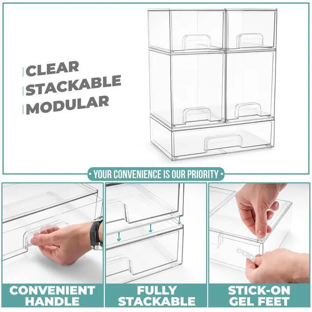 Alt view image 4 of 7 - Acrylic Storage Containers - 5 Pack, Stackable Storage Bins Set for Bathroom Organization - Clear Acrylic Drawer Organizers - Makeup Case Pull-Out Drawers (7.6 and 4.4 Tall and 12.1 Wide)