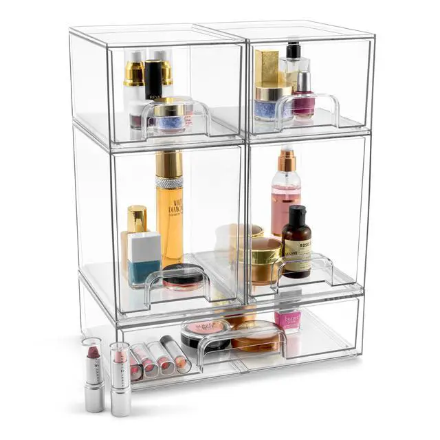Alt view image 7 of 7 - Acrylic Storage Containers - 5 Pack, Stackable Storage Bins Set for Bathroom Organization - Clear Acrylic Drawer Organizers - Makeup Case Pull-Out Drawers (7.6 and 4.4 Tall and 12.1 Wide)