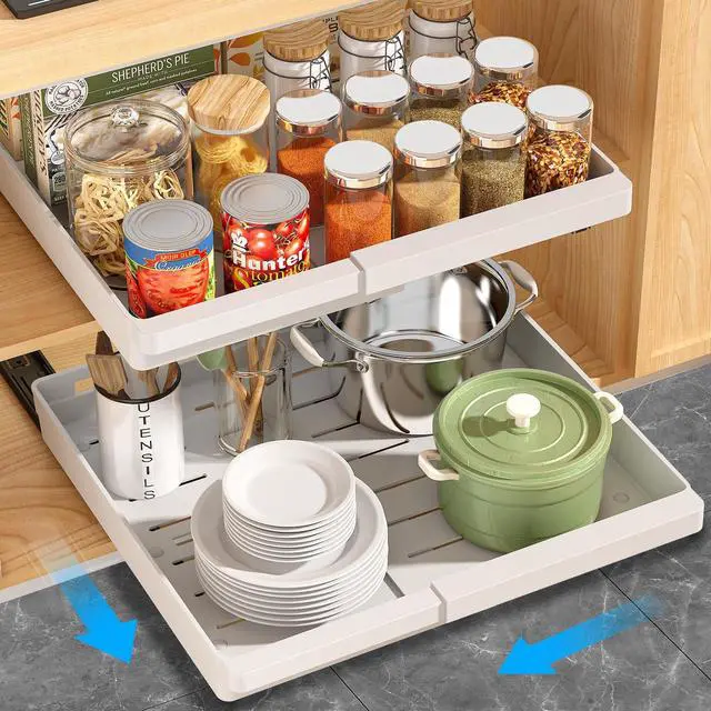 Main image of 2 Pack Pull Out Cabinet Organizers Expandable, Plastic Slide Out Drawers for Kitchen, Bathroom, Pantry, Under Sink Storage, Pull Out Drawers Fixed with Adhesive Nano Film (White, 11.6''-17.5'')