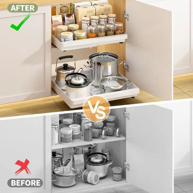 Alt view image 6 of 7 - 2 Pack Pull Out Cabinet Organizers Expandable, Plastic Slide Out Drawers for Kitchen, Bathroom, Pantry, Under Sink Storage, Pull Out Drawers Fixed with Adhesive Nano Film (White, 11.6''-17.5'')