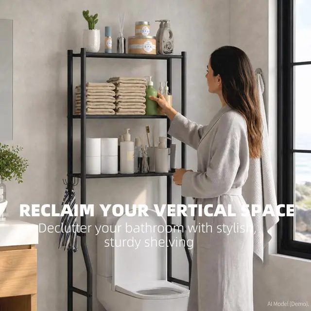 Alt view image 2 of 7 - 3-Tier Over Toilet Storage with Anti-Tilt Safety System - 150lb Total Capacity Metal Bathroom Shelves Including Paper Holder & 4 Hooks, Space Saving Above Commode Organizer (64" H, Black)