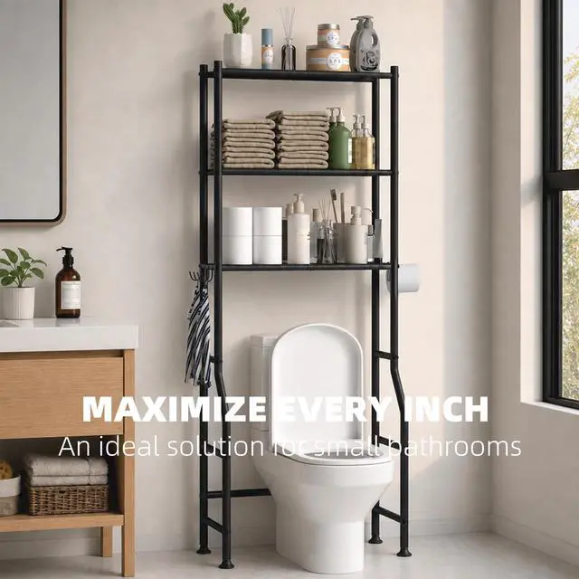 Alt view image 3 of 7 - 3-Tier Over Toilet Storage with Anti-Tilt Safety System - 150lb Total Capacity Metal Bathroom Shelves Including Paper Holder & 4 Hooks, Space Saving Above Commode Organizer (64" H, Black)