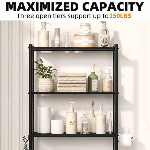 Alt view image 4 of 7 - 3-Tier Over Toilet Storage with Anti-Tilt Safety System - 150lb Total Capacity Metal Bathroom Shelves Including Paper Holder & 4 Hooks, Space Saving Above Commode Organizer (64" H, Black)