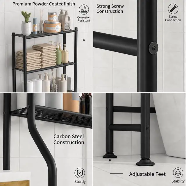 Alt view image 5 of 7 - 3-Tier Over Toilet Storage with Anti-Tilt Safety System - 150lb Total Capacity Metal Bathroom Shelves Including Paper Holder & 4 Hooks, Space Saving Above Commode Organizer (64" H, Black)