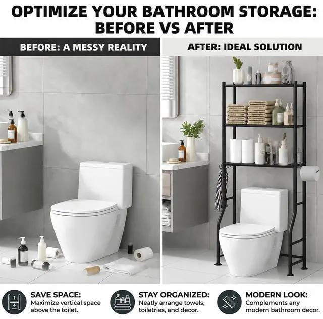 Alt view image 6 of 7 - 3-Tier Over Toilet Storage with Anti-Tilt Safety System - 150lb Total Capacity Metal Bathroom Shelves Including Paper Holder & 4 Hooks, Space Saving Above Commode Organizer (64" H, Black)