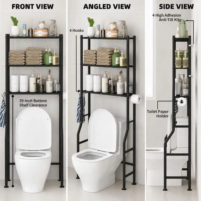 Alt view image 7 of 7 - 3-Tier Over Toilet Storage with Anti-Tilt Safety System - 150lb Total Capacity Metal Bathroom Shelves Including Paper Holder & 4 Hooks, Space Saving Above Commode Organizer (64" H, Black)