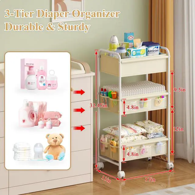 Alt view image 2 of 7 - 3-Tier Baby Diaper Caddy Cart Organizer,Mobile Nursery Storage Carts with Wheels,With 2 Dividers&14 Mesh Pockets Durable Metal Utility Cart for Nursery, Bedroom, Bathroom, Baby Essentials Organization