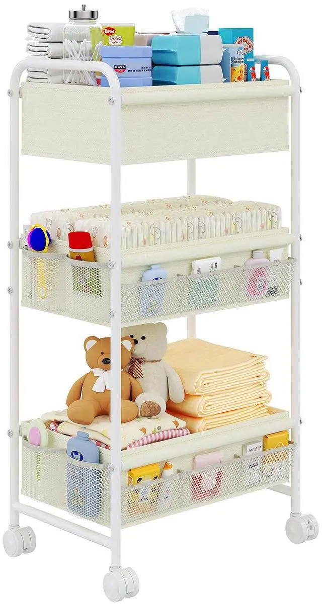 Main image of 3-Tier Baby Diaper Caddy Cart Organizer,Mobile Nursery Storage Carts with Wheels,With 2 Dividers&14 Mesh Pockets Durable Metal Utility Cart for Nursery, Bedroom, Bathroom, Baby Essentials Organization