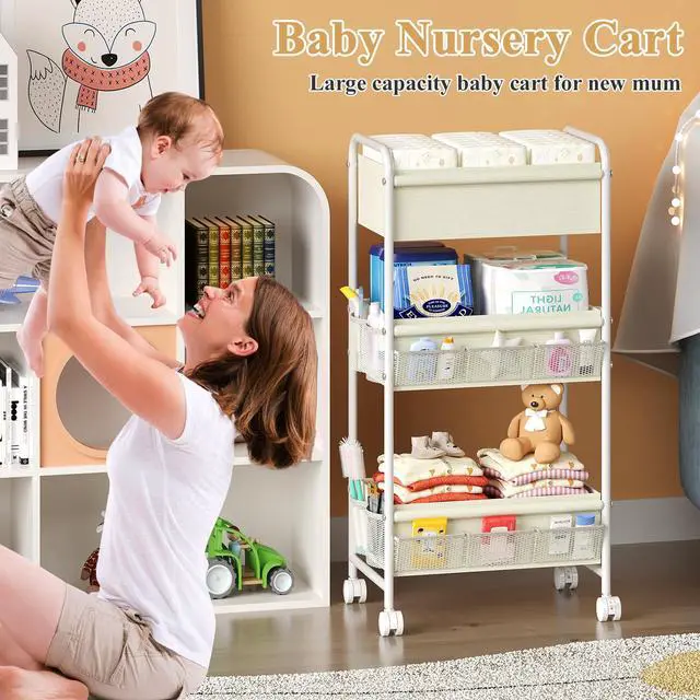Alt view image 3 of 7 - 3-Tier Baby Diaper Caddy Cart Organizer,Mobile Nursery Storage Carts with Wheels,With 2 Dividers&14 Mesh Pockets Durable Metal Utility Cart for Nursery, Bedroom, Bathroom, Baby Essentials Organization