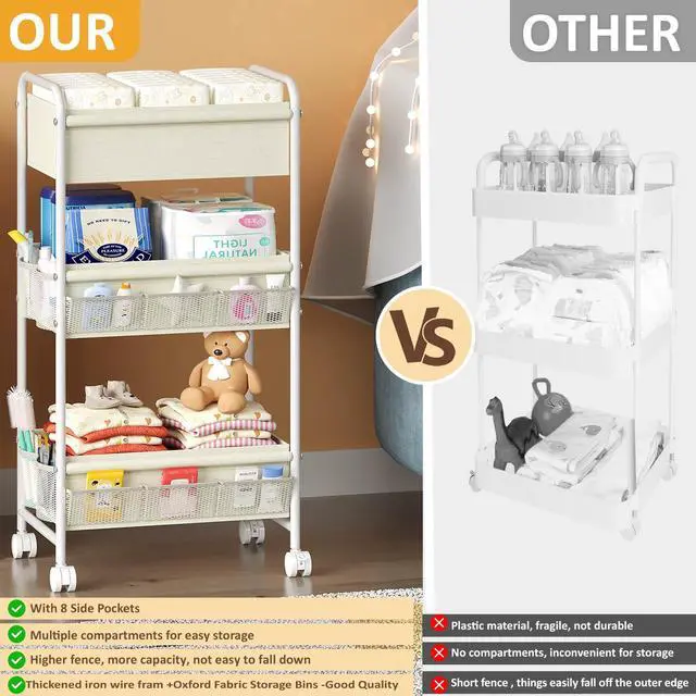 Alt view image 5 of 7 - 3-Tier Baby Diaper Caddy Cart Organizer,Mobile Nursery Storage Carts with Wheels,With 2 Dividers&14 Mesh Pockets Durable Metal Utility Cart for Nursery, Bedroom, Bathroom, Baby Essentials Organization