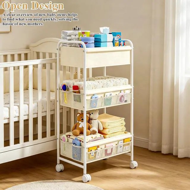 Alt view image 4 of 7 - 3-Tier Baby Diaper Caddy Cart Organizer,Mobile Nursery Storage Carts with Wheels,With 2 Dividers&14 Mesh Pockets Durable Metal Utility Cart for Nursery, Bedroom, Bathroom, Baby Essentials Organization