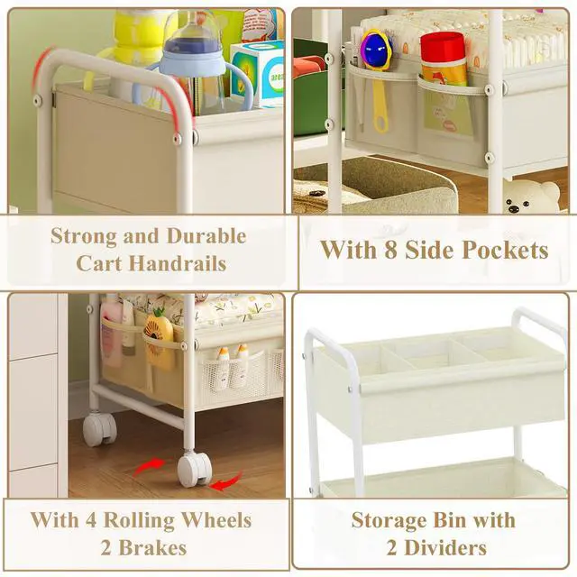Alt view image 6 of 7 - 3-Tier Baby Diaper Caddy Cart Organizer,Mobile Nursery Storage Carts with Wheels,With 2 Dividers&14 Mesh Pockets Durable Metal Utility Cart for Nursery, Bedroom, Bathroom, Baby Essentials Organization