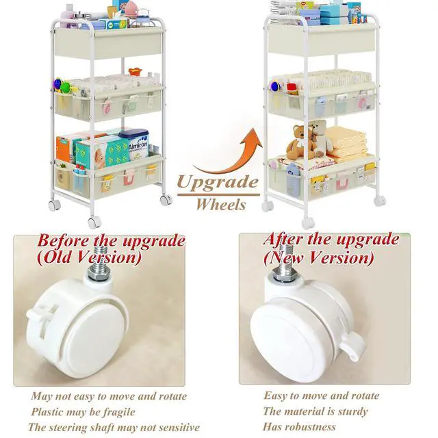 Alt view image 7 of 7 - 3-Tier Baby Diaper Caddy Cart Organizer,Mobile Nursery Storage Carts with Wheels,With 2 Dividers&14 Mesh Pockets Durable Metal Utility Cart for Nursery, Bedroom, Bathroom, Baby Essentials Organization