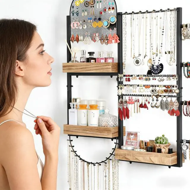 Alt view image 3 of 6 - Large Jewelry Organizer - Big Wall Mount Hanging Jewelry Holder Display for Earrings, Rings, Necklaces, Bracelets, Makeup, Perfume & Watches
