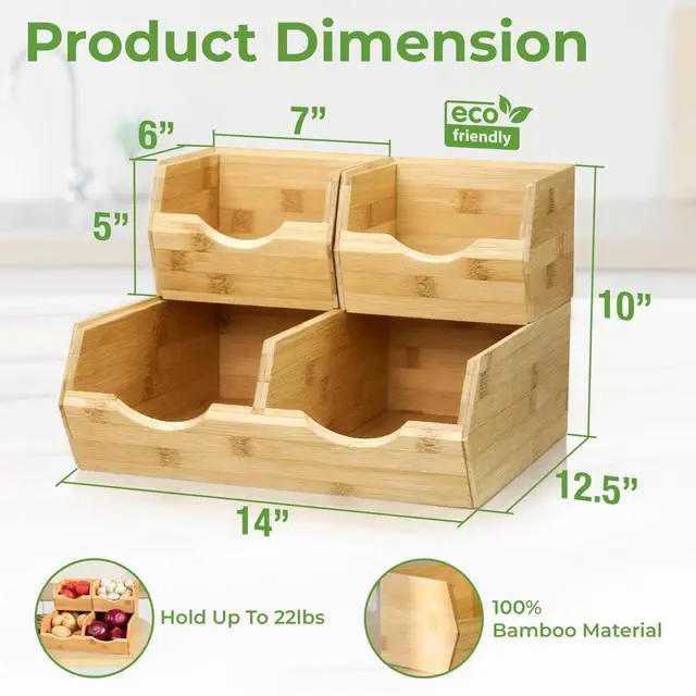 Alt view image 3 of 7 - Bamboo Pantry Storage Bins Stackable Potato & Onion Storage Bin for Kitchen Countertop, Pantry Organizer, Fruit Vegetable Basket, Multiuse - Set of 3 Slide-Out Access