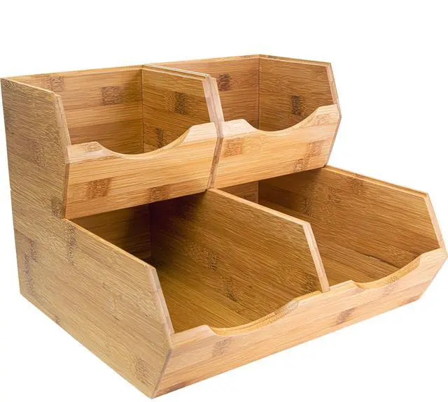 Main image of Bamboo Pantry Storage Bins Stackable Potato & Onion Storage Bin for Kitchen Countertop, Pantry Organizer, Fruit Vegetable Basket, Multiuse - Set of 3 Slide-Out Access