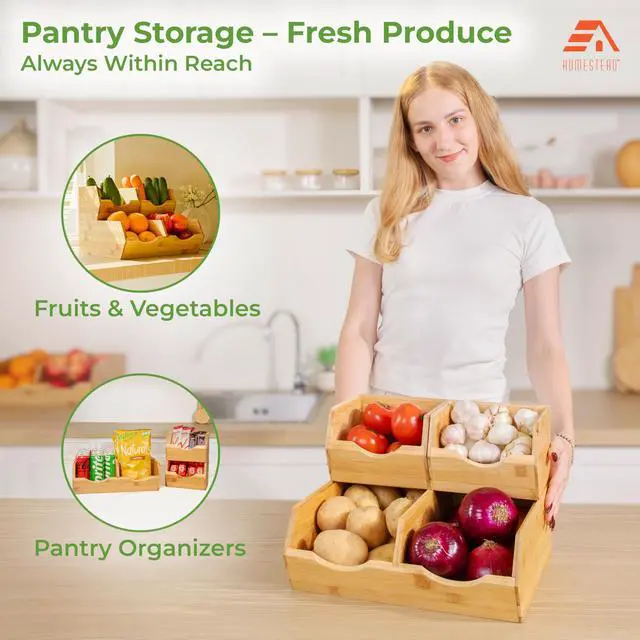 Alt view image 4 of 7 - Bamboo Pantry Storage Bins Stackable Potato & Onion Storage Bin for Kitchen Countertop, Pantry Organizer, Fruit Vegetable Basket, Multiuse - Set of 3 Slide-Out Access