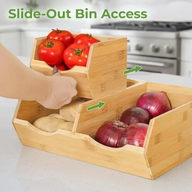 Alt view image 5 of 7 - Bamboo Pantry Storage Bins Stackable Potato & Onion Storage Bin for Kitchen Countertop, Pantry Organizer, Fruit Vegetable Basket, Multiuse - Set of 3 Slide-Out Access