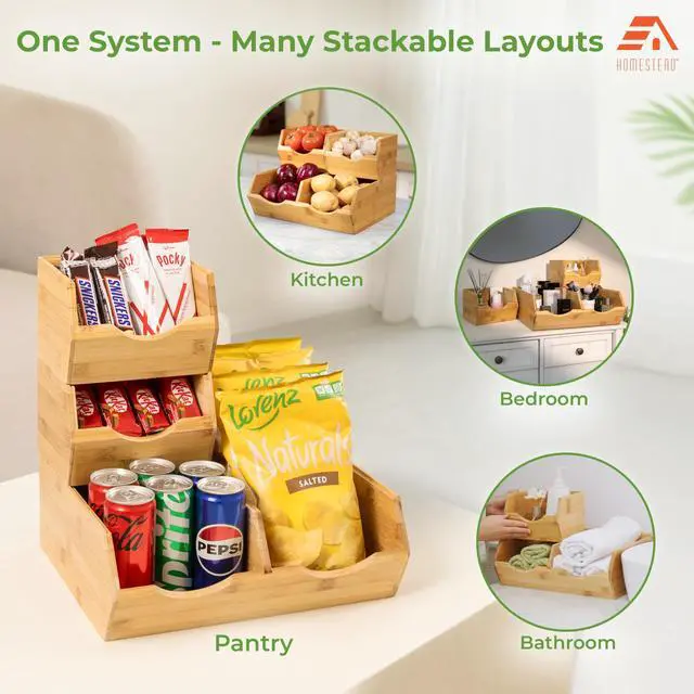 Alt view image 6 of 7 - Bamboo Pantry Storage Bins Stackable Potato & Onion Storage Bin for Kitchen Countertop, Pantry Organizer, Fruit Vegetable Basket, Multiuse - Set of 3 Slide-Out Access