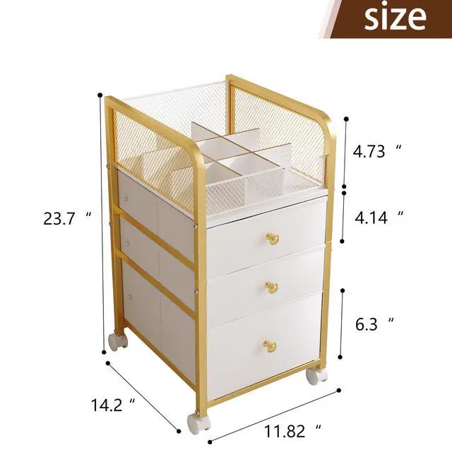 Alt view image 2 of 7 - Rolling Makeup Organizer Cart with 3 Drawers, Under Desk Vanity Makeup Storage Cart, Bathroom Storage Cart Cosmetic Display Cases Cabinet for Nail Polish, Brushes & Hair Tools, Gold