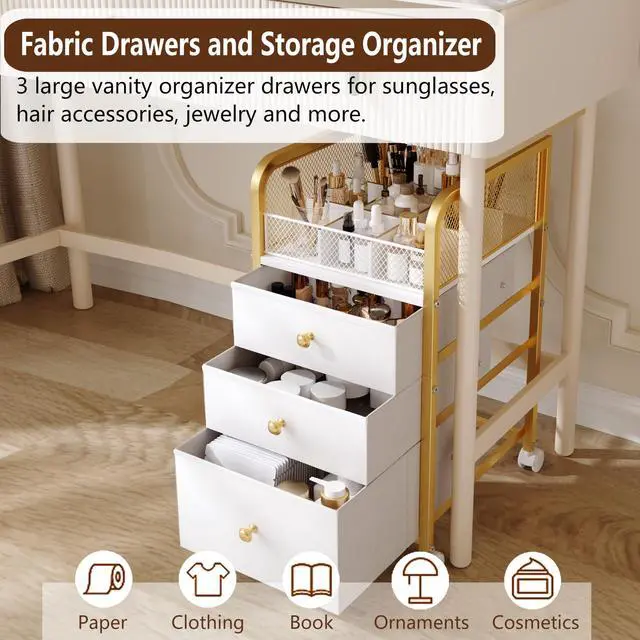 Alt view image 3 of 7 - Rolling Makeup Organizer Cart with 3 Drawers, Under Desk Vanity Makeup Storage Cart, Bathroom Storage Cart Cosmetic Display Cases Cabinet for Nail Polish, Brushes & Hair Tools, Gold