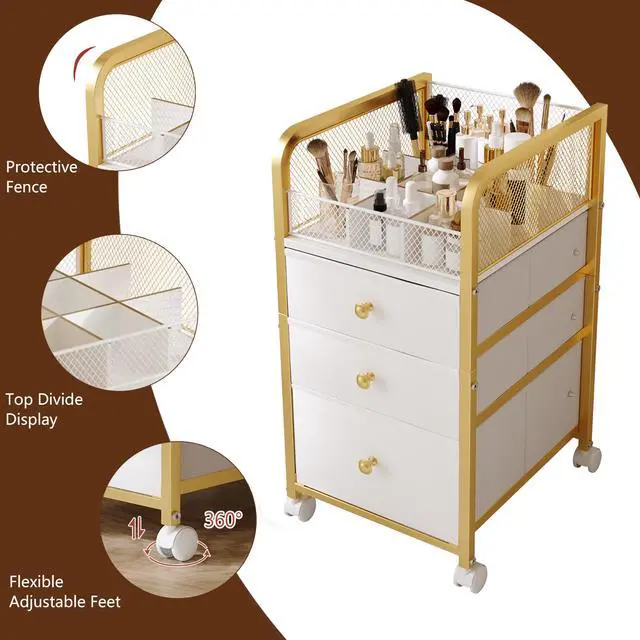 Alt view image 5 of 7 - Rolling Makeup Organizer Cart with 3 Drawers, Under Desk Vanity Makeup Storage Cart, Bathroom Storage Cart Cosmetic Display Cases Cabinet for Nail Polish, Brushes & Hair Tools, Gold