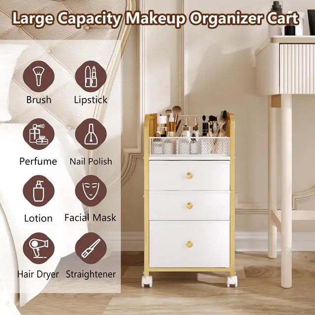 Alt view image 4 of 7 - Rolling Makeup Organizer Cart with 3 Drawers, Under Desk Vanity Makeup Storage Cart, Bathroom Storage Cart Cosmetic Display Cases Cabinet for Nail Polish, Brushes & Hair Tools, Gold