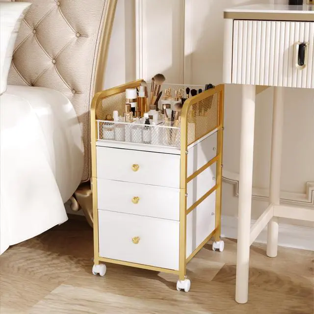 Alt view image 6 of 7 - Rolling Makeup Organizer Cart with 3 Drawers, Under Desk Vanity Makeup Storage Cart, Bathroom Storage Cart Cosmetic Display Cases Cabinet for Nail Polish, Brushes & Hair Tools, Gold