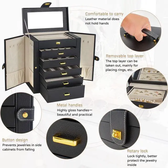 Alt view image 3 of 7 - 6-Tier Jewelry Box Organizer Functional 5 Drawers Leather Jewelry Storage Case for Women Girls Ring Necklace Earring Bracelet Holder Organizer with Mirror Extra Large Black