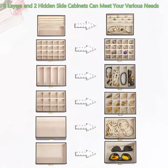 Alt view image 5 of 7 - 6-Tier Jewelry Box Organizer Functional 5 Drawers Leather Jewelry Storage Case for Women Girls Ring Necklace Earring Bracelet Holder Organizer with Mirror Extra Large Black