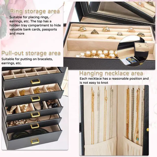 Alt view image 2 of 7 - 6-Tier Jewelry Box Organizer Functional 5 Drawers Leather Jewelry Storage Case for Women Girls Ring Necklace Earring Bracelet Holder Organizer with Mirror Extra Large Black