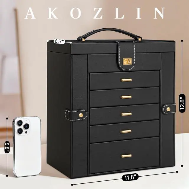 Alt view image 4 of 7 - 6-Tier Jewelry Box Organizer Functional 5 Drawers Leather Jewelry Storage Case for Women Girls Ring Necklace Earring Bracelet Holder Organizer with Mirror Extra Large Black