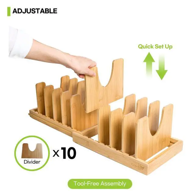 Alt view image 3 of 7 - Pots and Pans Organizer under Cabinet, Bamboo Expandable Bakeware and Cutting Board Organizers, Adjustable Pot Lids Holder Rack, Cookie Sheet Baking Pan, Tray Organizer for Kitchen Storage (Natural)