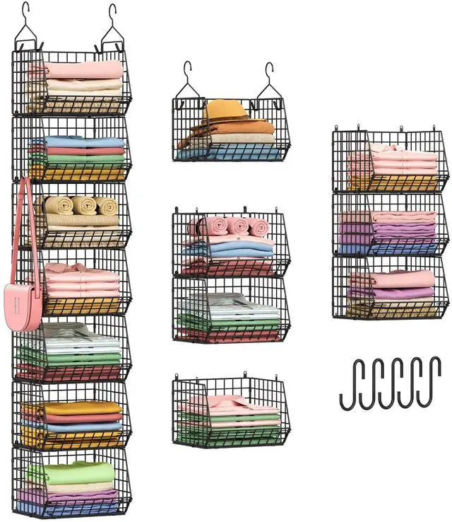 Main image of 7 Tier Foldable Hanging Closet Organizer and Storage,Wire Closet Shelving with 4 Large Hooks+ 5 S Hooks,Hanging Basket for Clothes Sweaters Shoes Handbags,Small Closet Organizers